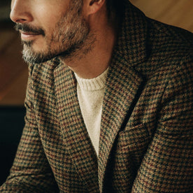 fit model showing the side of The Sheffield Sportcoat in Tan Gun Check