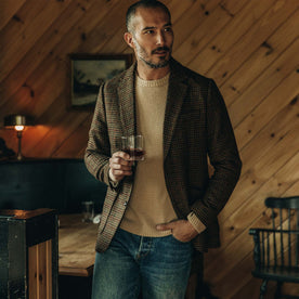 fit model wearing The Sheffield Sportcoat in Tan Gun Check indoors