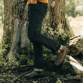 fit model walking in The Slim Jean in Umeda Selvage