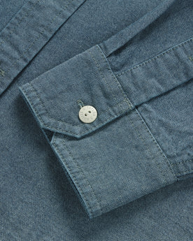material shot of the cuffs on The Utility Shirt in Rinsed Selvage Chambray, Wovens by Taylor Stitch