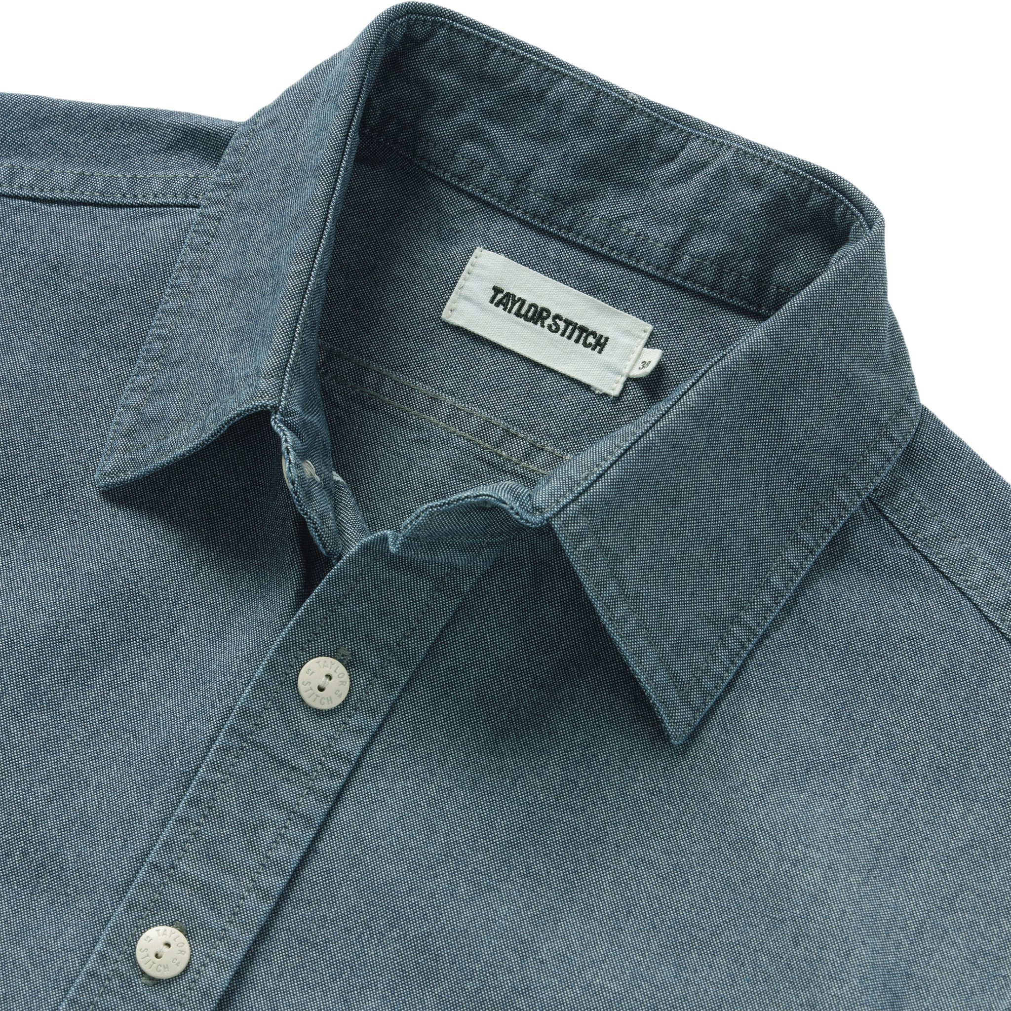 material shot of the collar on The Utility Shirt in Rinsed Selvage Chambray, Wovens by Taylor Stitch