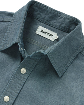 material shot of the collar on The Utility Shirt in Rinsed Selvage Chambray, Wovens by Taylor Stitch