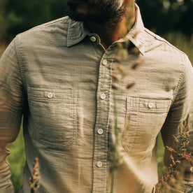 fit model showing the front of The Utility Shirt in Stone Double Cloth