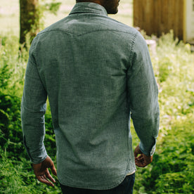 fit model showing the back of The Western Shirt in Indigo Stripe