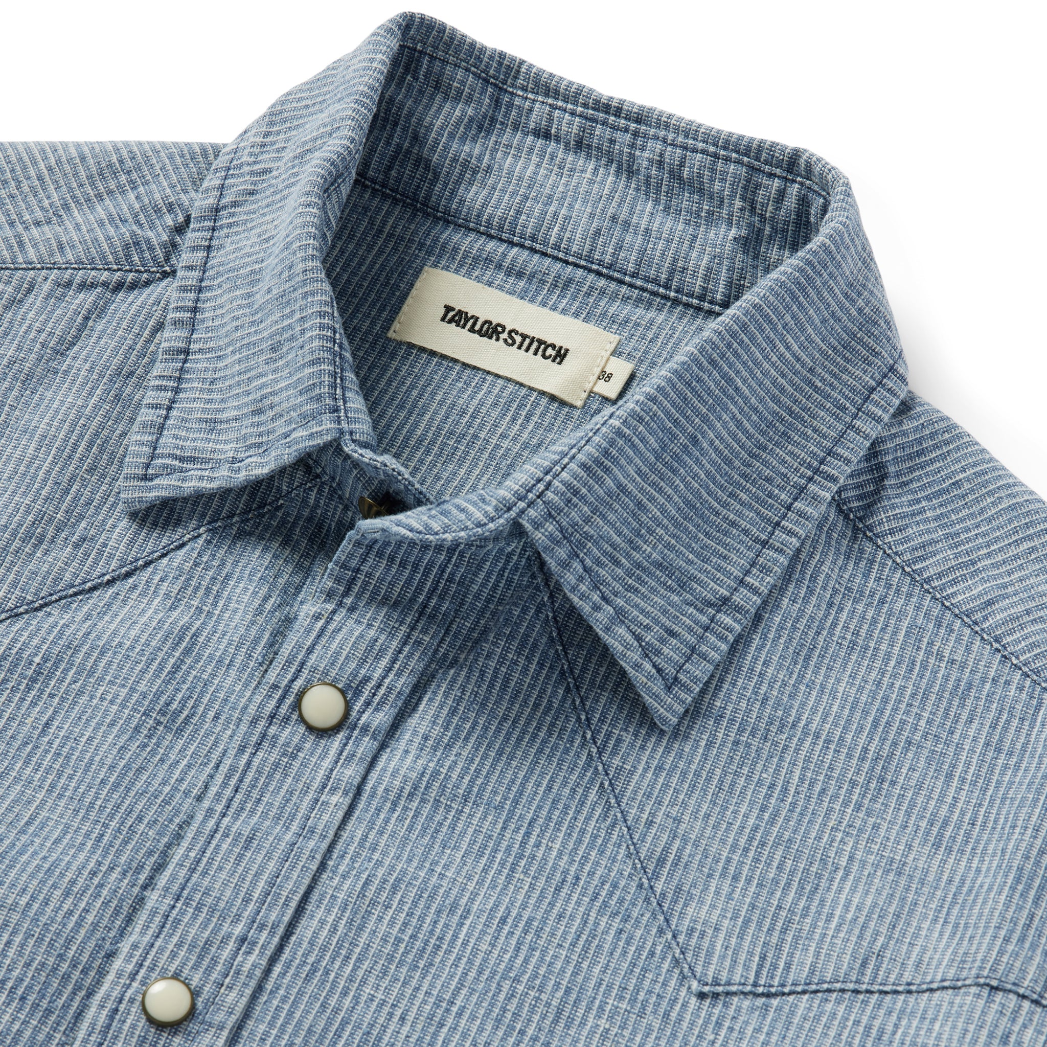 material shot of the collar on The Western Shirt in Indigo Stripe, Wovens by Taylor Stitch