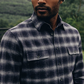 fit model showing the top detailing on The Yosemite Shirt in Navy Shadow Plaid