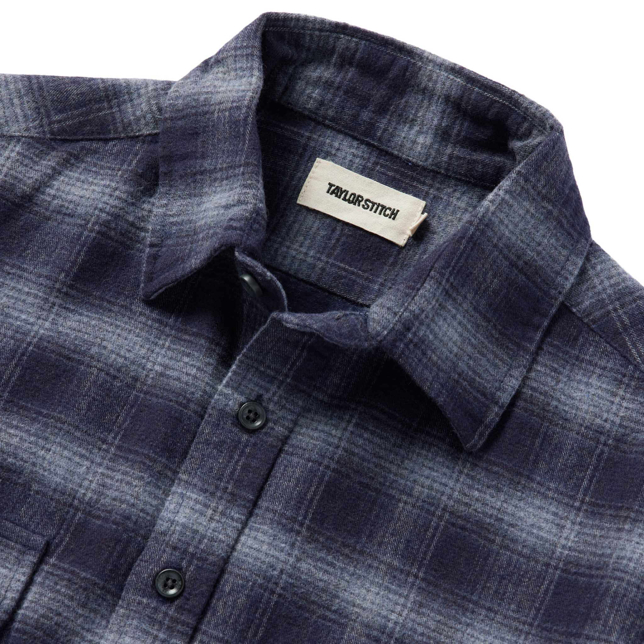 material shot of the collar on The Yosemite Shirt in Navy Shadow Plaid, Wovens by Taylor Stitch
