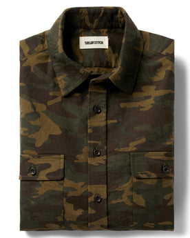 flatlay of The Yosemite Shirt in Trail Camo folded, Wovens by Taylor Stitch