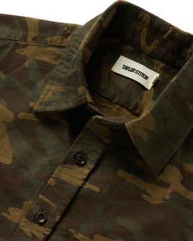 material shot of the collar on The Yosemite Shirt in Trail Camo, Wovens by Taylor Stitch