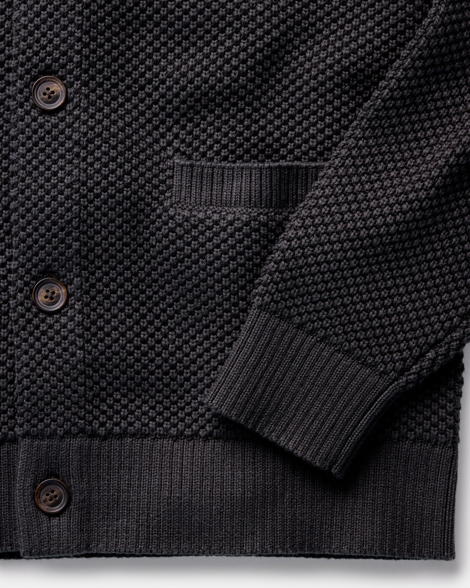 material shot of the sleeves on The Crawford Sweater in Charcoal, Knits by Taylor Stitch