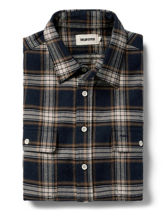 material shot of The Ledge Shirt in Admiral Plaid folded