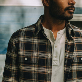 fit model showing the collar and pockets of The Ledge Shirt in Admiral Plaid