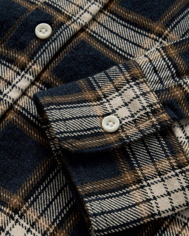material shot of the sleeve on The Ledge Shirt in Admiral Plaid, Wovens by Taylor Stitch