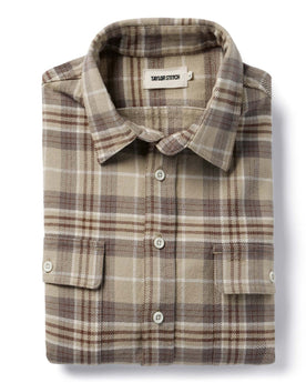 material shot of The Ledge Shirt in Fossil Plaid folded, Wovens by Taylor Stitch