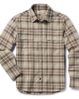 flatlay of The Ledge Shirt in Fossil Plaid, Wovens by Taylor Stitch