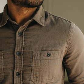fit model showing the front of The Utility Shirt in Walnut Double Cloth