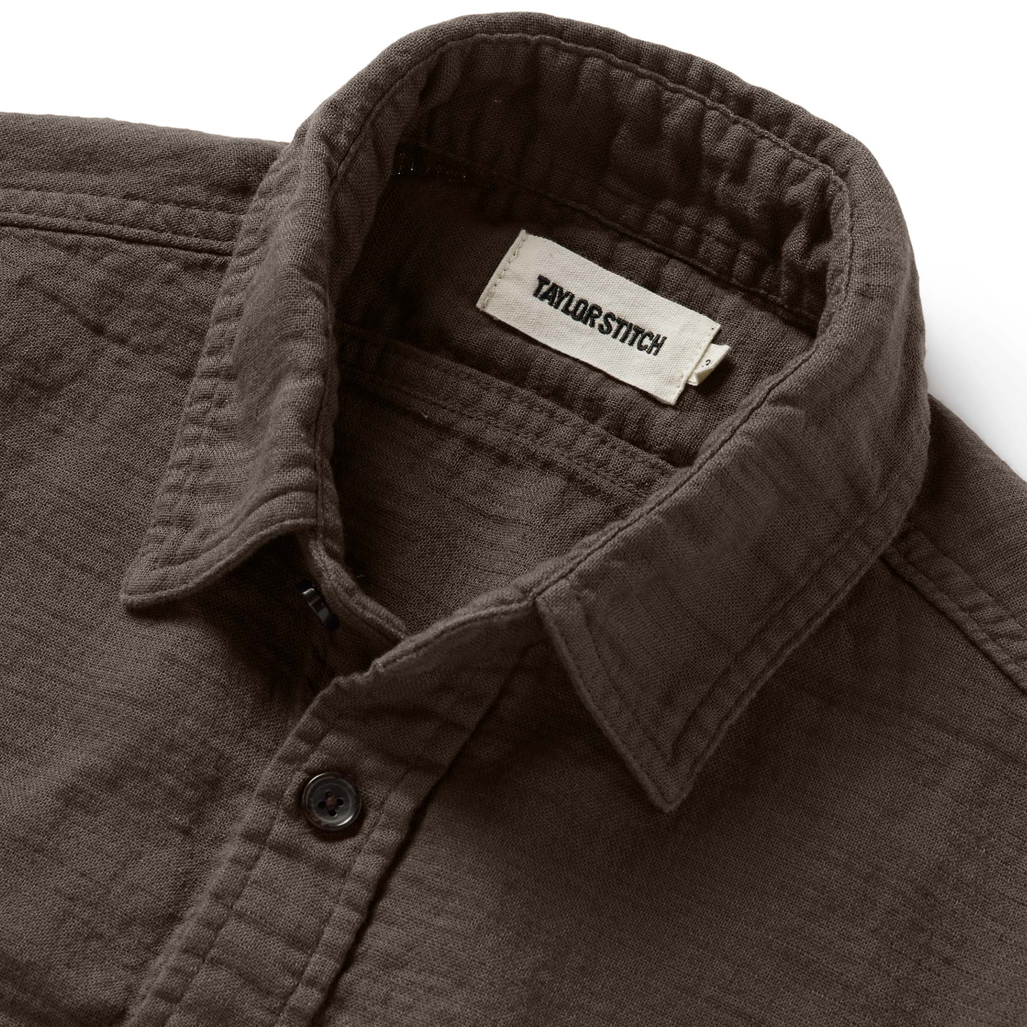 material shot of the collar on The Utility Shirt in Walnut Double Cloth, Wovens by Taylor Stitch
