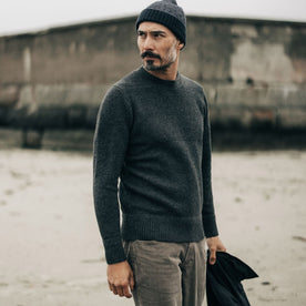 fit model walking in The Ventana Sweater in Heather Graphite