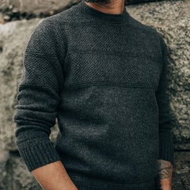 Fit model showing the collar on The Ventana Sweater in Heather Graphite