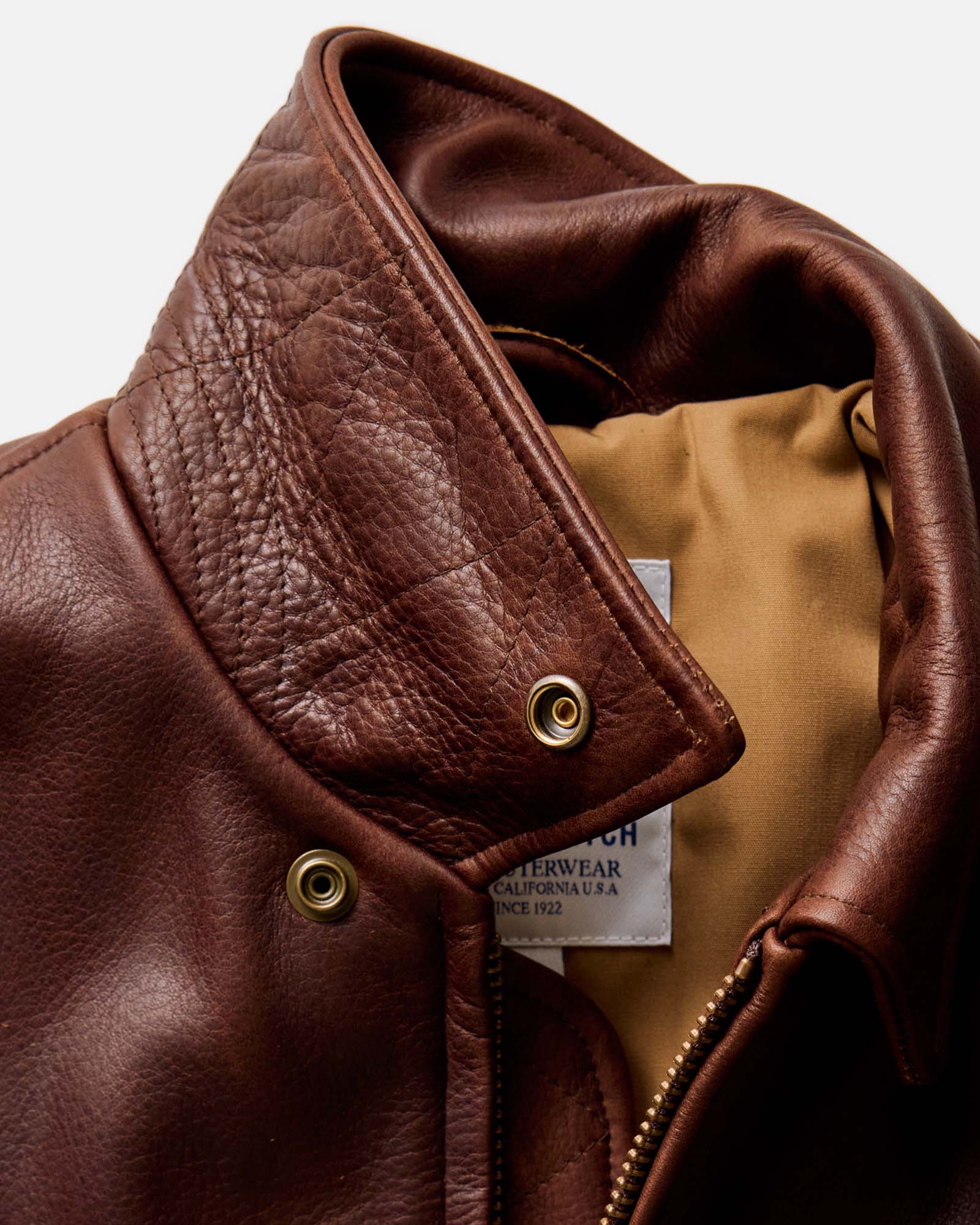 material shot of the shoulder on The Moto Jacket in Espresso Steerhide, Outerwear by Taylor Stitch
