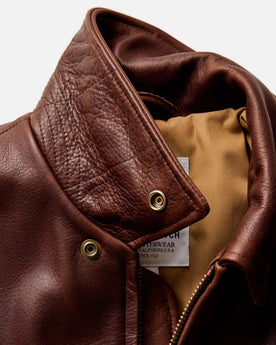 material shot of the shoulder on The Moto Jacket in Espresso Steerhide, Outerwear by Taylor Stitch