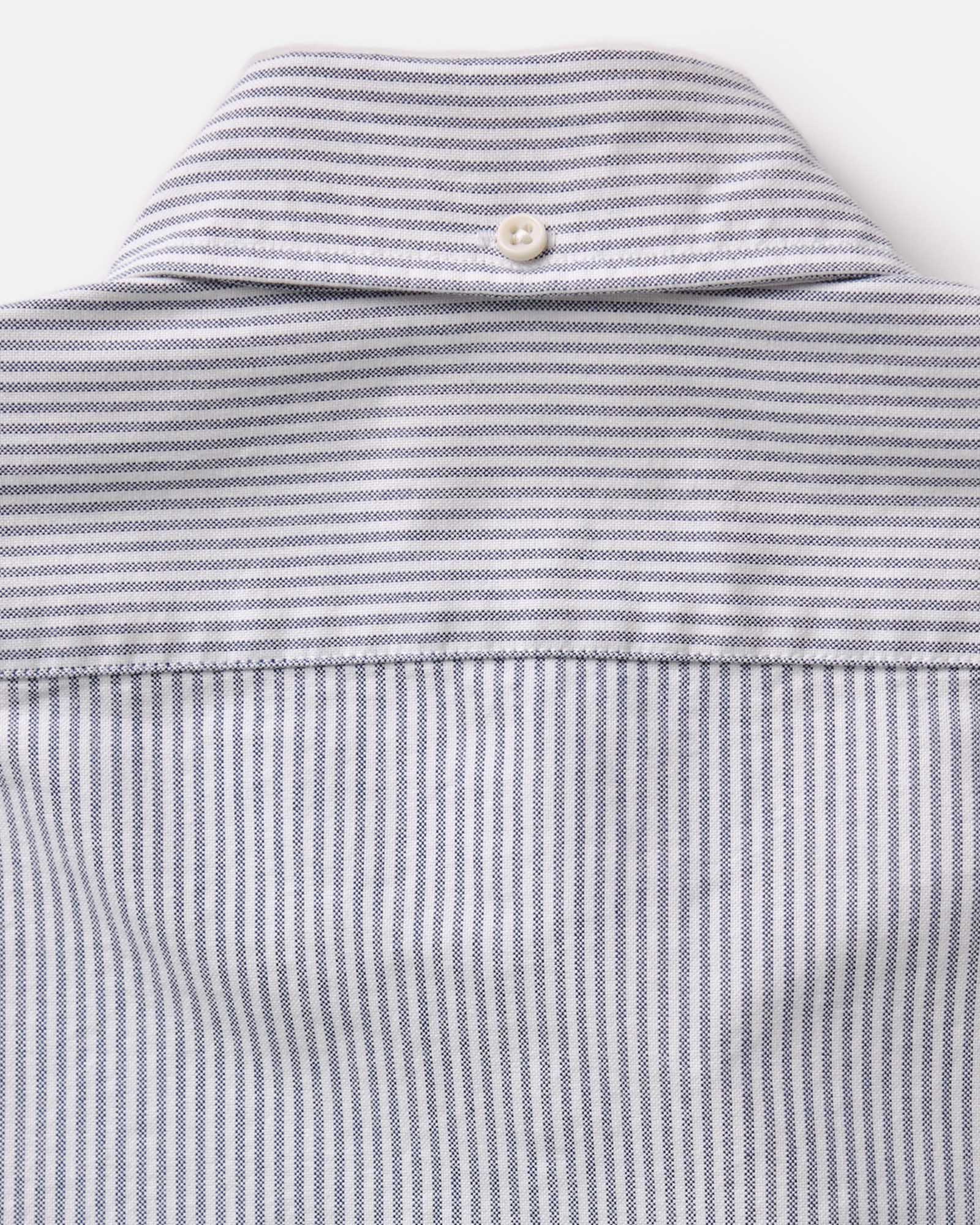 material shot of the collar and buttons on The Jack in Navy University Stripe Everyday Oxford, Wovens by Taylor Stitch