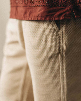 material shot of the band and drawstrings on The Apres Pant in Natural Sashiko , Bottoms by Taylor Stitch