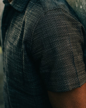 fit mdoel wearing The Short Sleeve Hawthorne in Navy Wave, shown from the side, Wovens by Taylor Stitch