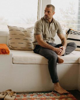 fit model wearing The Apres Pant in Charcoal Sashiko, cuff detail, Bottoms by Taylor Stitch