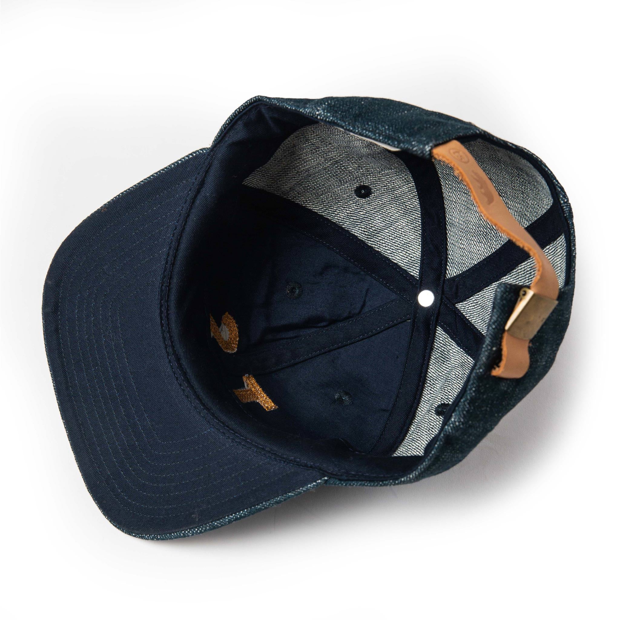 material shot of The Ball Cap in Organic Denim from the bottom, Accessories by Taylor Stitch