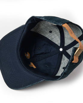 material shot of The Ball Cap in Organic Denim from the bottom, Accessories by Taylor Stitch