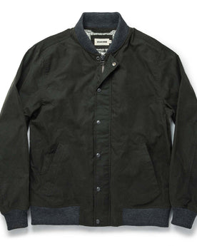 flatlay of The Bomber Jacket in Waxed Olive closed from the front, Outerwear by Taylor Stitch