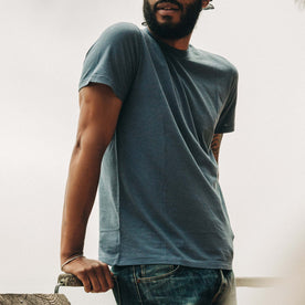 Fit model wearing The Cotton Hemp Tee in Steel Blue