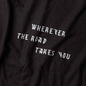 The Cotton Hemp Tee in Charcoal Open Road, material shot of front text