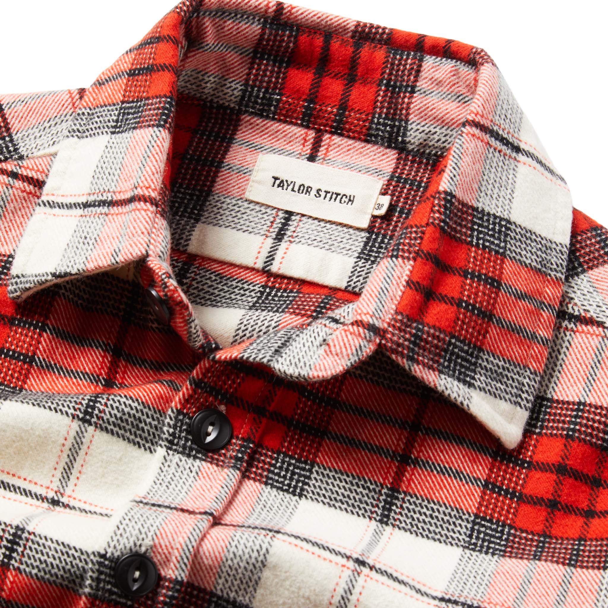 material shot of The Crater Shirt in Engine Plaid showing interior label, Wovens by Taylor Stitch