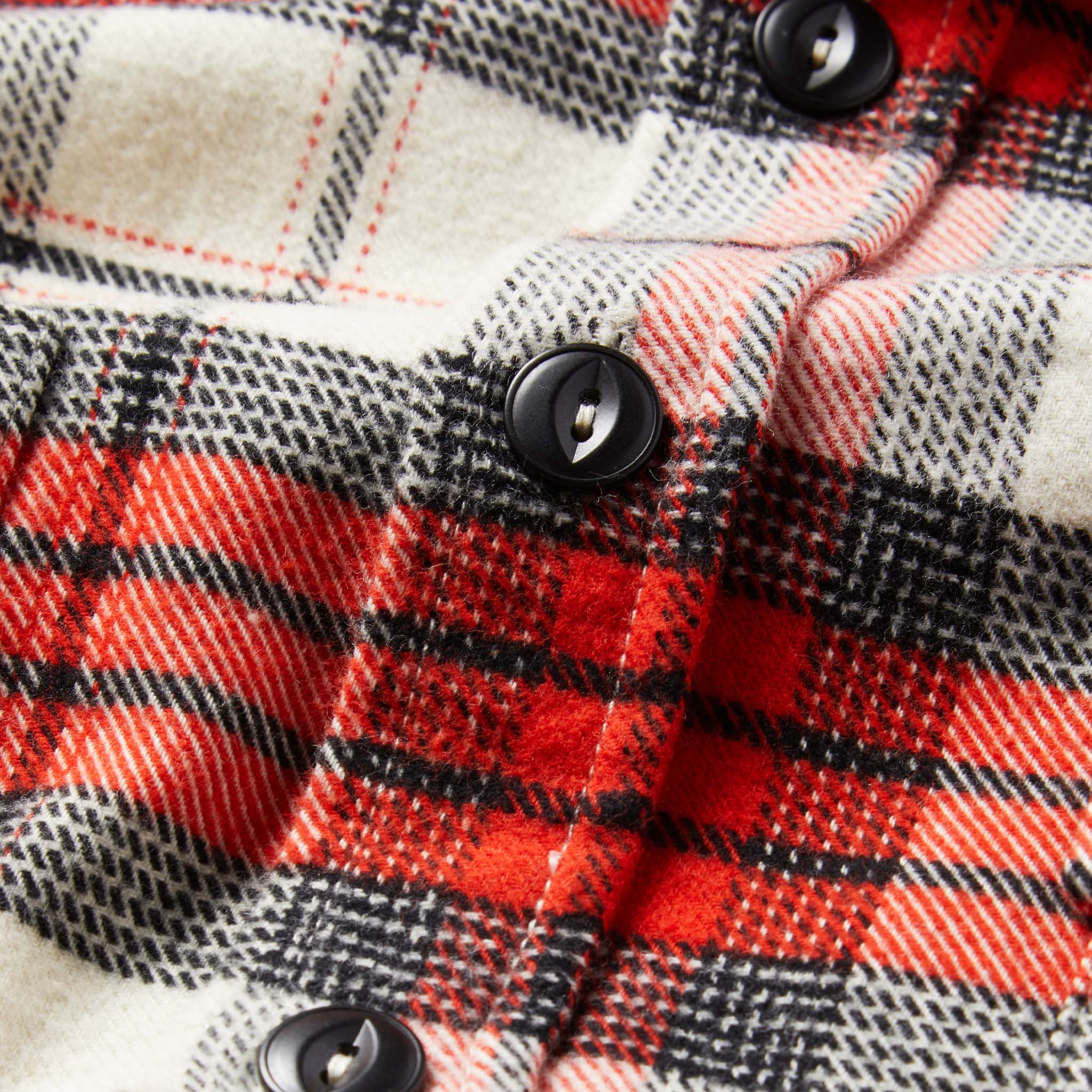 material shot of The Crater Shirt in Engine Plaid showing front placket and buttons, Wovens by Taylor Stitch