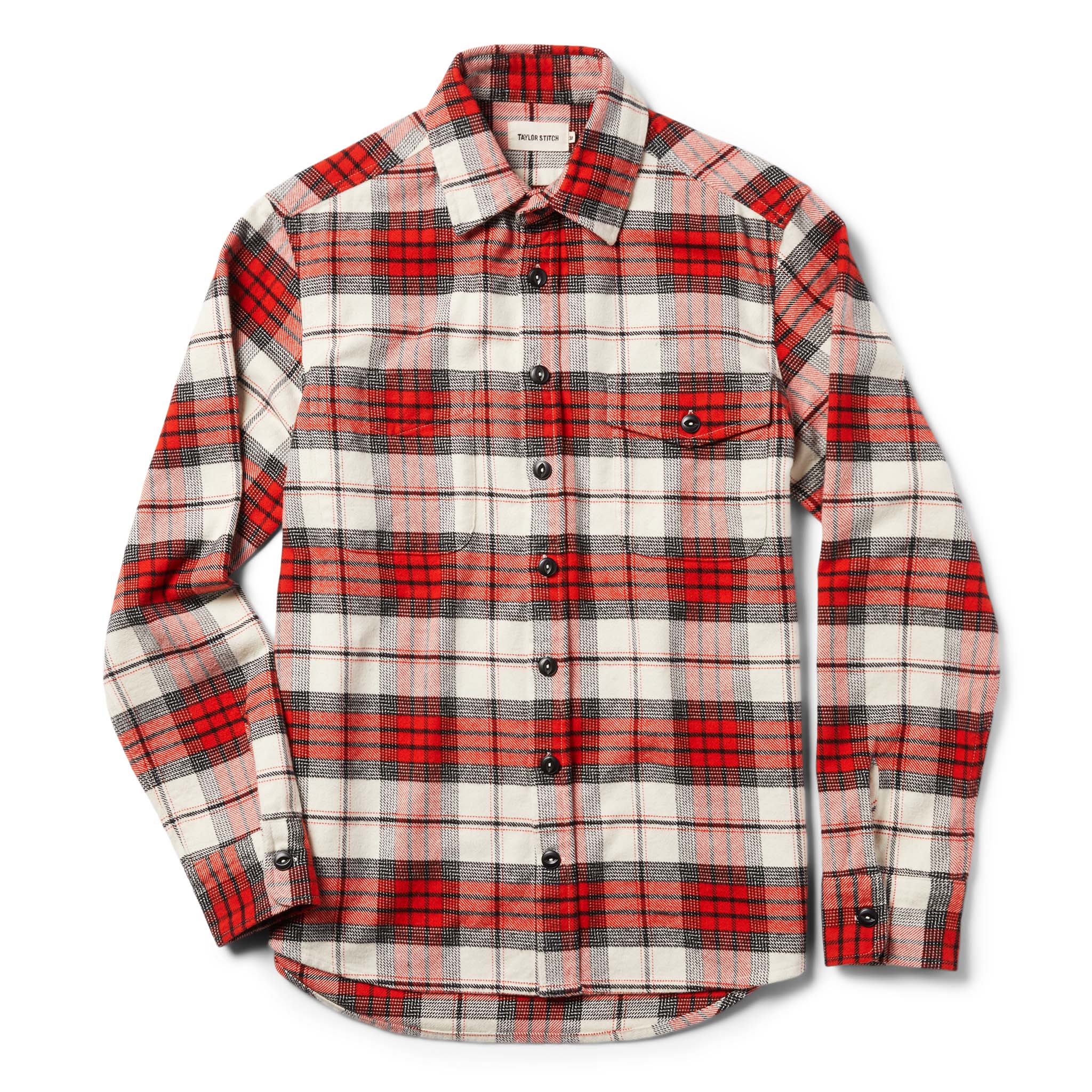 flatlay of The Crater Shirt in Engine Plaid unfolded, Wovens by Taylor Stitch