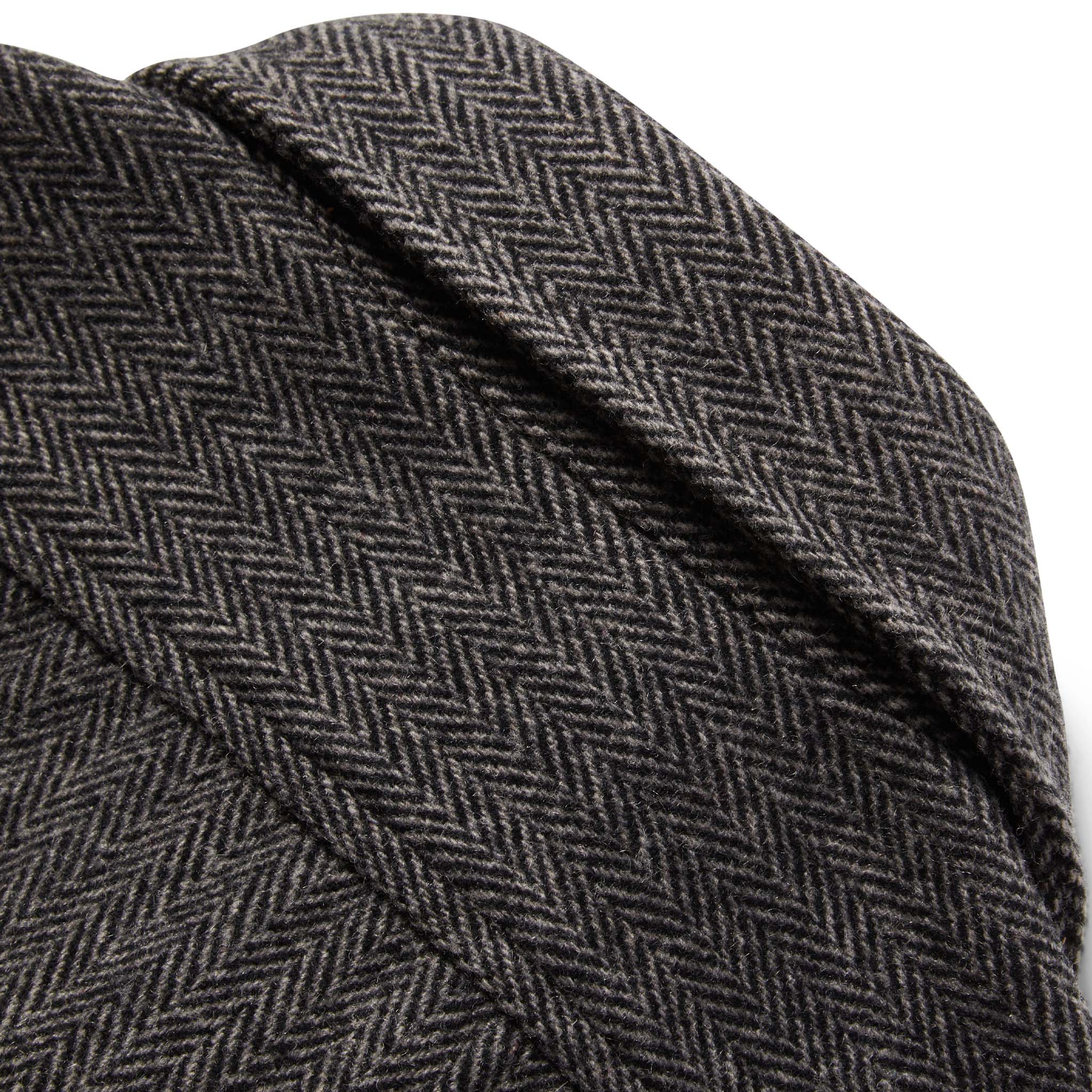 material shot of The Explorer Shirt in Coal Herringbone Wool showing back collar and the herringbone weave, Wovens by Taylor Stitch