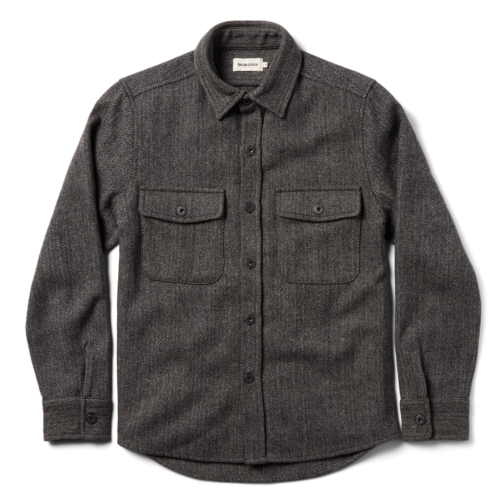 unfolded flatlay of The Explorer Shirt in Coal Herringbone Wool , Wovens by Taylor Stitch