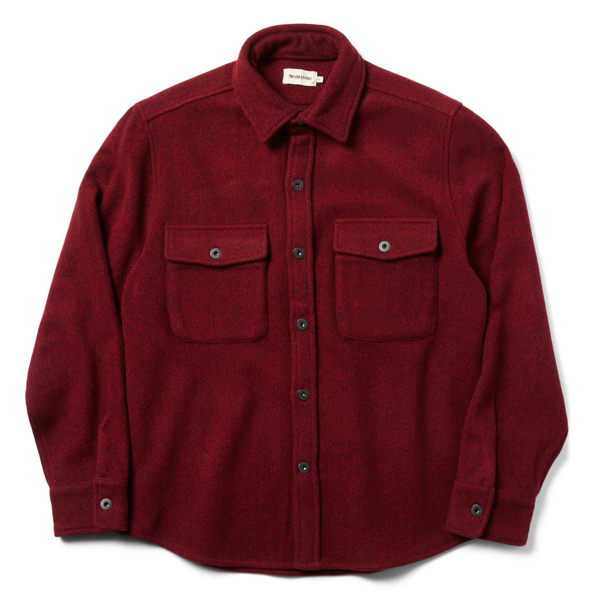 flatlay of The Explorer Shirt in Burgundy Herringbone Wool, Wovens by Taylor Stitch
