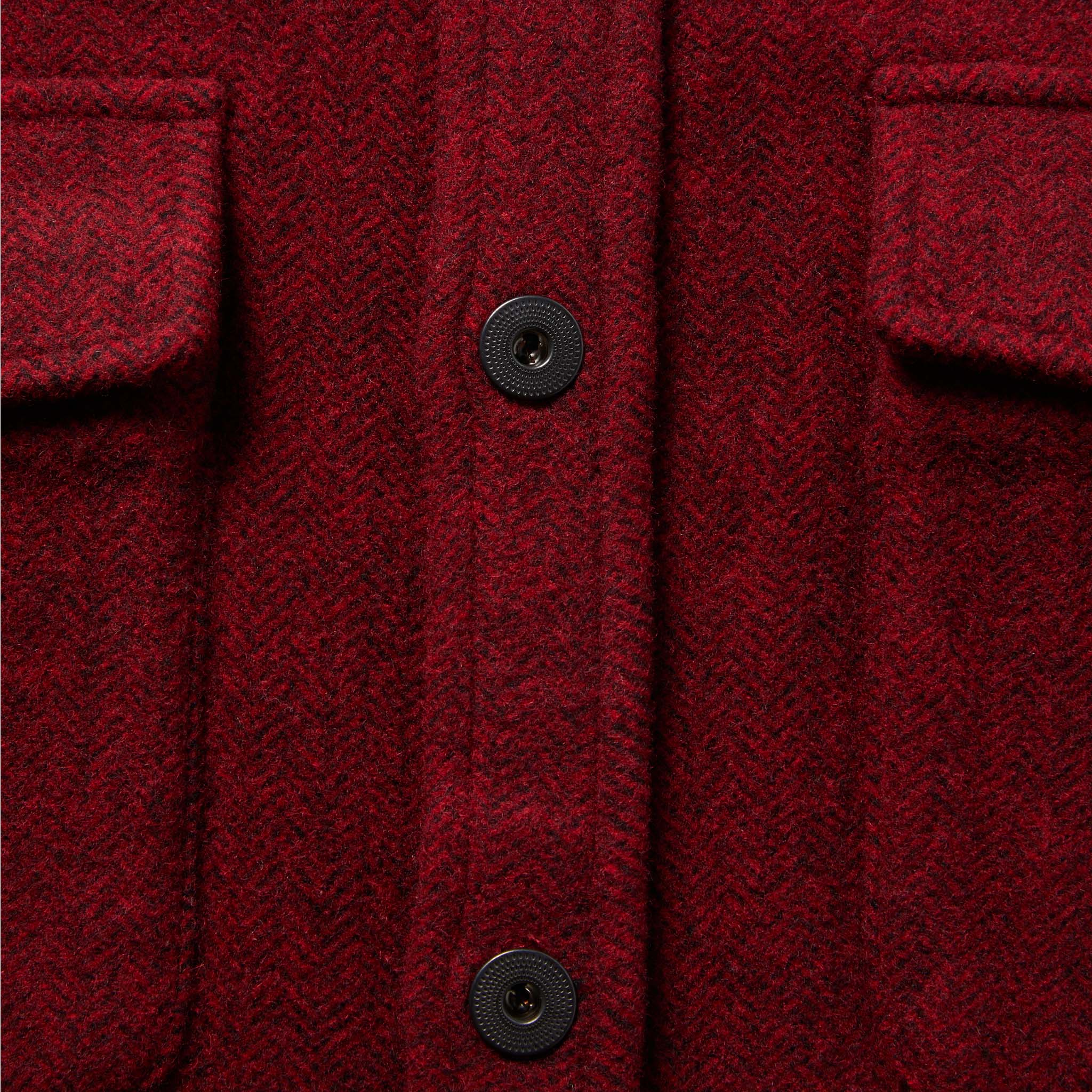 material shot of The Explorer Shirt in Burgundy Herringbone Wool showing front placket and buttons, Wovens by Taylor Stitch