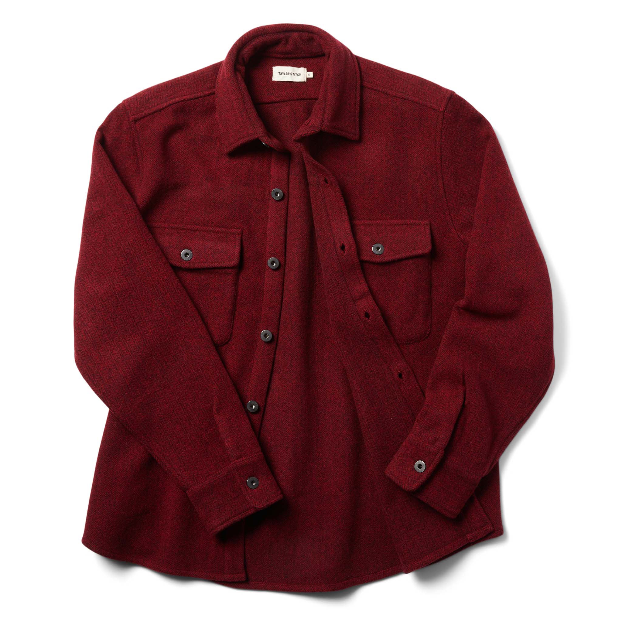 flatlay from the front with The Explorer Shirt in Burgundy Herringbone Wool open, Wovens by Taylor Stitch