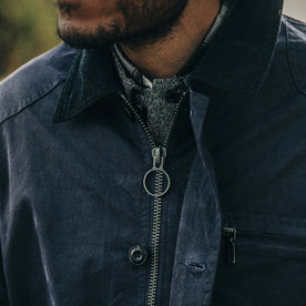 fit model showing zipper placket of The Field Jacket in Midnight