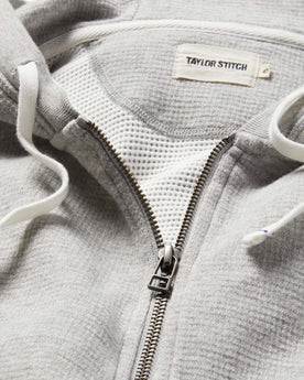 material shot of The Fillmore Hoodie in Ash Double Knit showing interior label, Knits by Taylor Stitch