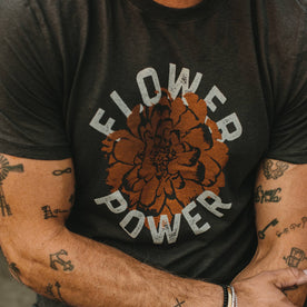 fit model wearing The Cotton Hemp Tee in Flower Power with a close up of the graphic