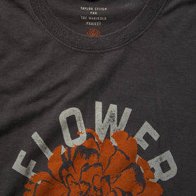 material shot of The Cotton Hemp Tee in Flower Power showing tag and close up of fabric