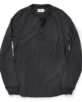 flatlay of The Heavy Bag Waffle Henley in Coal, Knits by Taylor Stitch