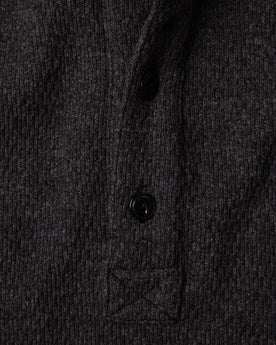 material shot of front placket of The Heavy Bag Waffle Henley in Coal, Knits by Taylor Stitch