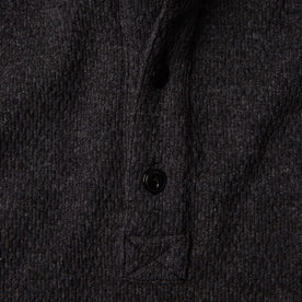 material shot of front placket of The Heavy Bag Waffle Henley in Coal