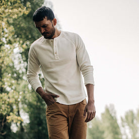 fit model walking in The Heavy Bag Waffle Henley in Natural